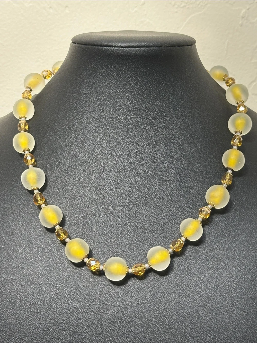 Mid Century Frosted Givre Satin Glass & Faceted Crystal VTG Bead Necklace